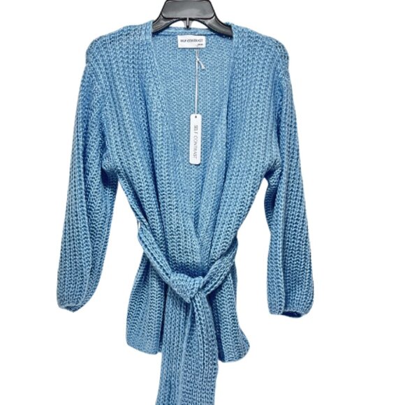 Anthropologie Self Contrast NWT One-Size Rib-Knit Belted Cardigan Sweater Blue - Picture 2 of 8